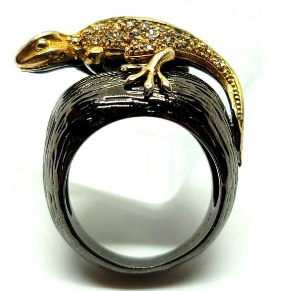 Elegant Iman CN Charcoal Gold Plated Pave Rhinestone Chameleon Cocktail Ring - Picture 5 of 10